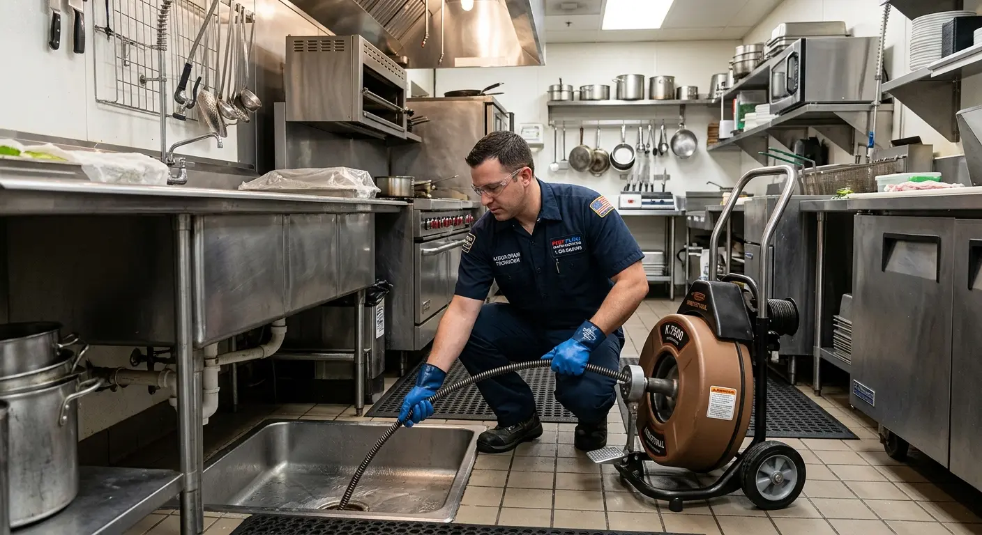 Commercial drain cleaning service in a restaurant kitchen in Longmont