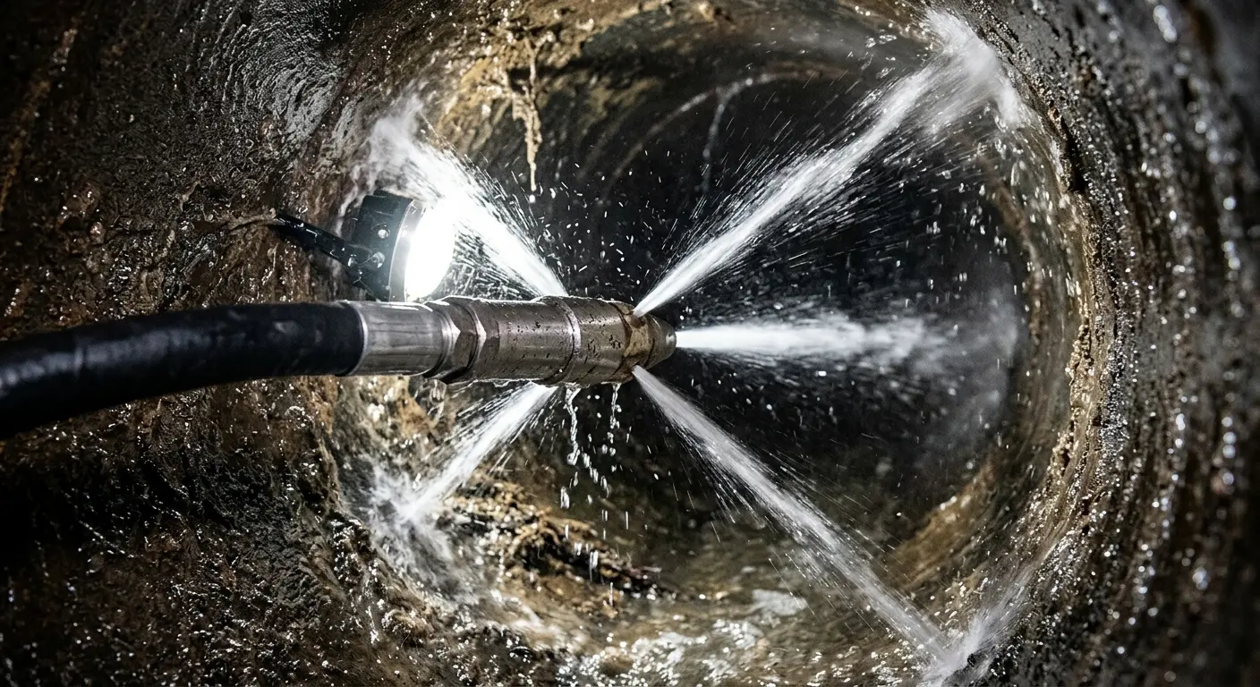 High-pressure hydro jetting nozzle cleaning sewer pipe for Trenchless Sewer Repair in Longmont