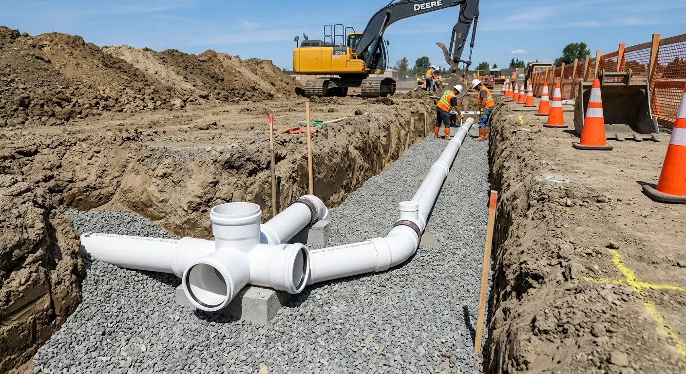 New PVC sewer pipe installation in open trench for Sewer Backup in Longmont