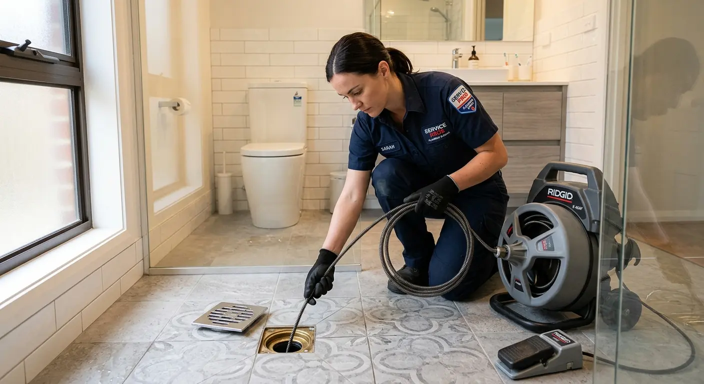 Technician clearing a bathroom floor drain for Drain Cleaning in Longmont